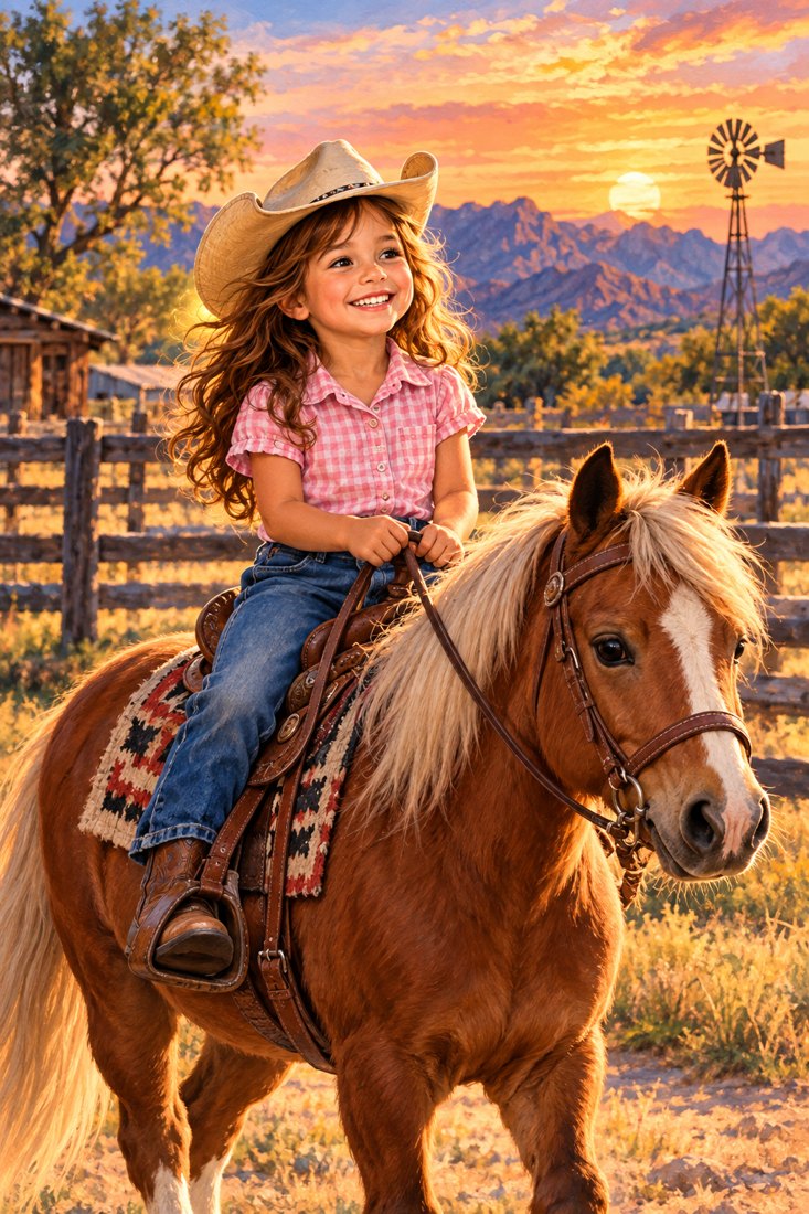 A young rider on a pony at sunset