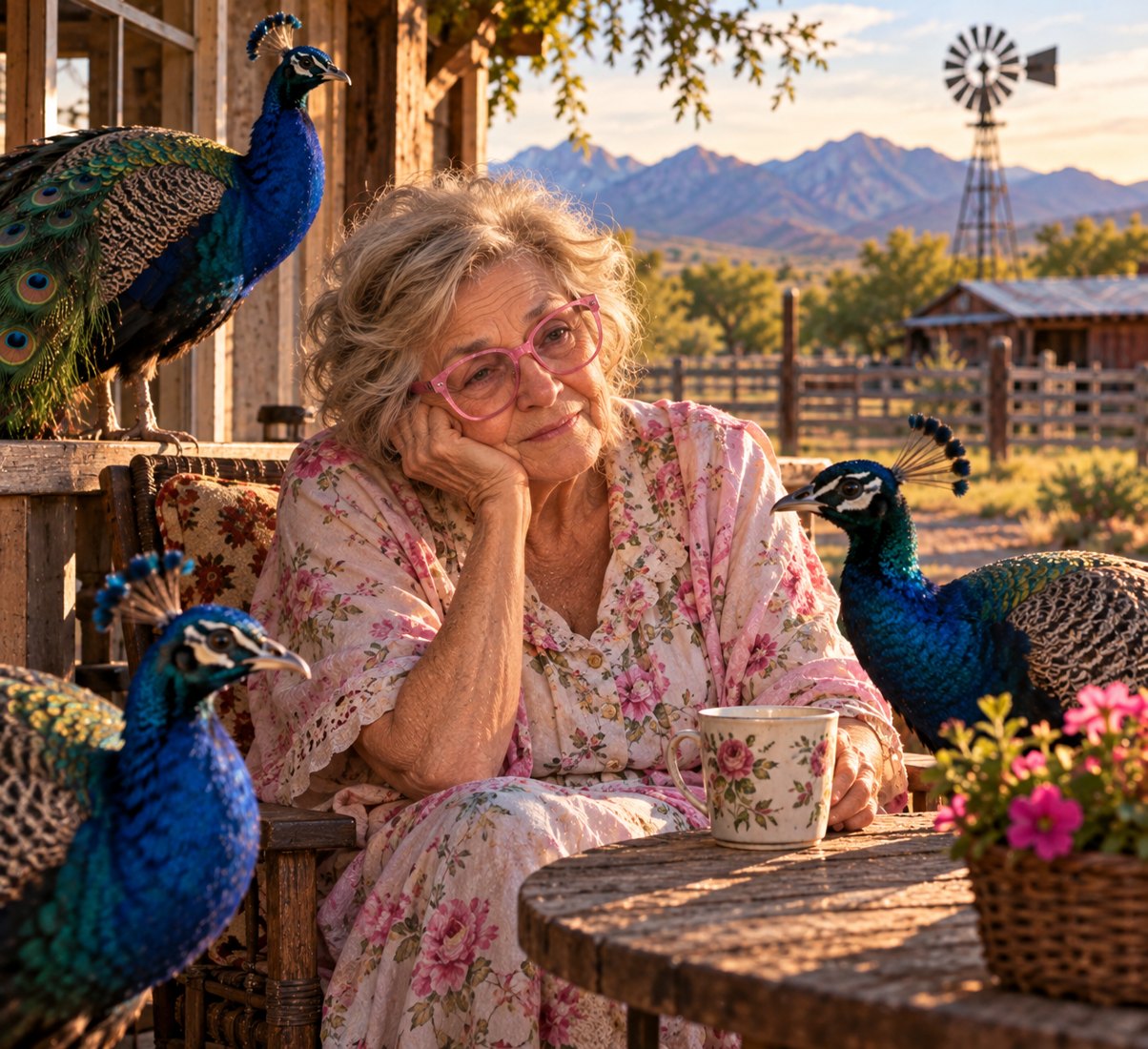 Eunice with her peacocks
